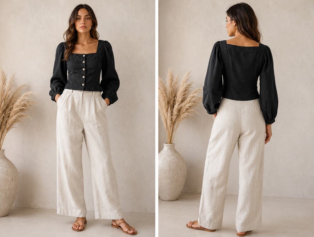 J.Crew 100% Linen Puff Sleeve Button Front Blouse S Black Square Neck Top
